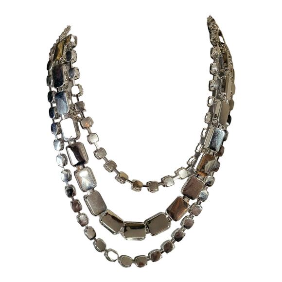 Silver Crystal Costume White Crystal Necklace 3 strand adj size - Picture 4 of 6